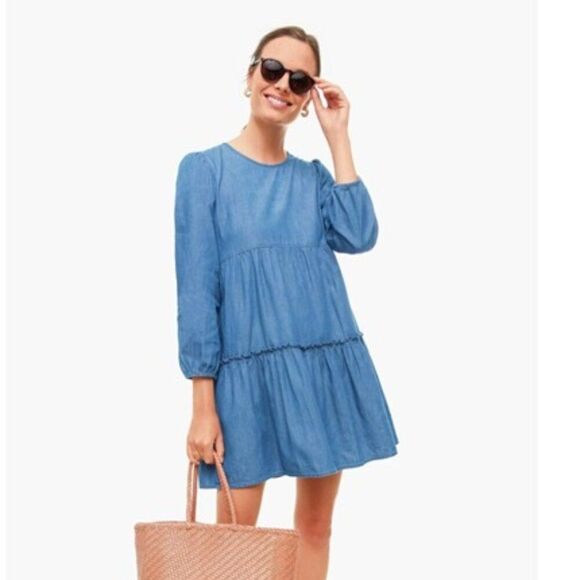 Draper James Dresses & Skirts - Draper James Tiered Blue Chambray Dress Cotton Mini Women Sz L Cottagecore